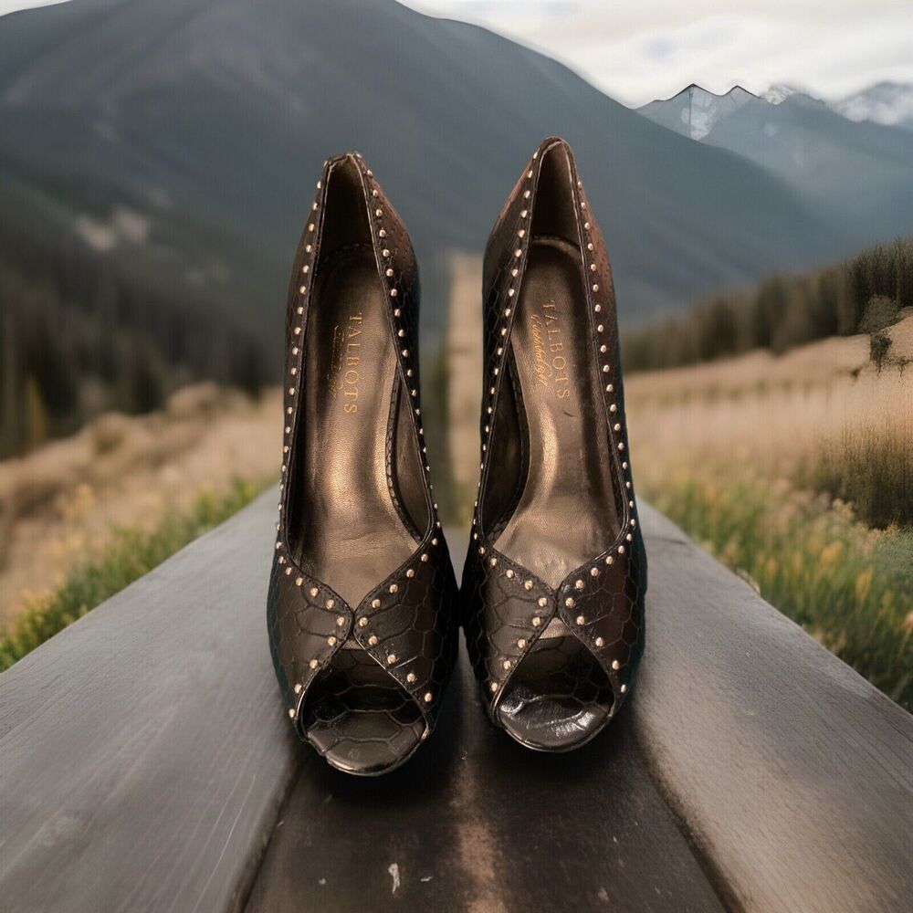 $149 TALBOTS Black Silver Studded Leather OPEN TOE Pumps Heels Shoes "Priya" 7.5